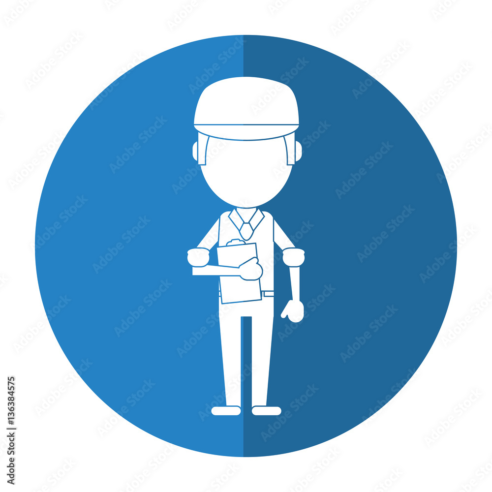man worker blue uniform clipboard and cap shadow vector illustration eps 10