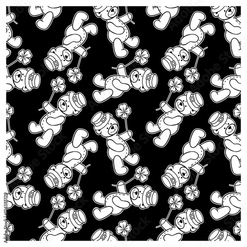 Black and white seamless pattern with contour of teddy bear wearing leprechaun h