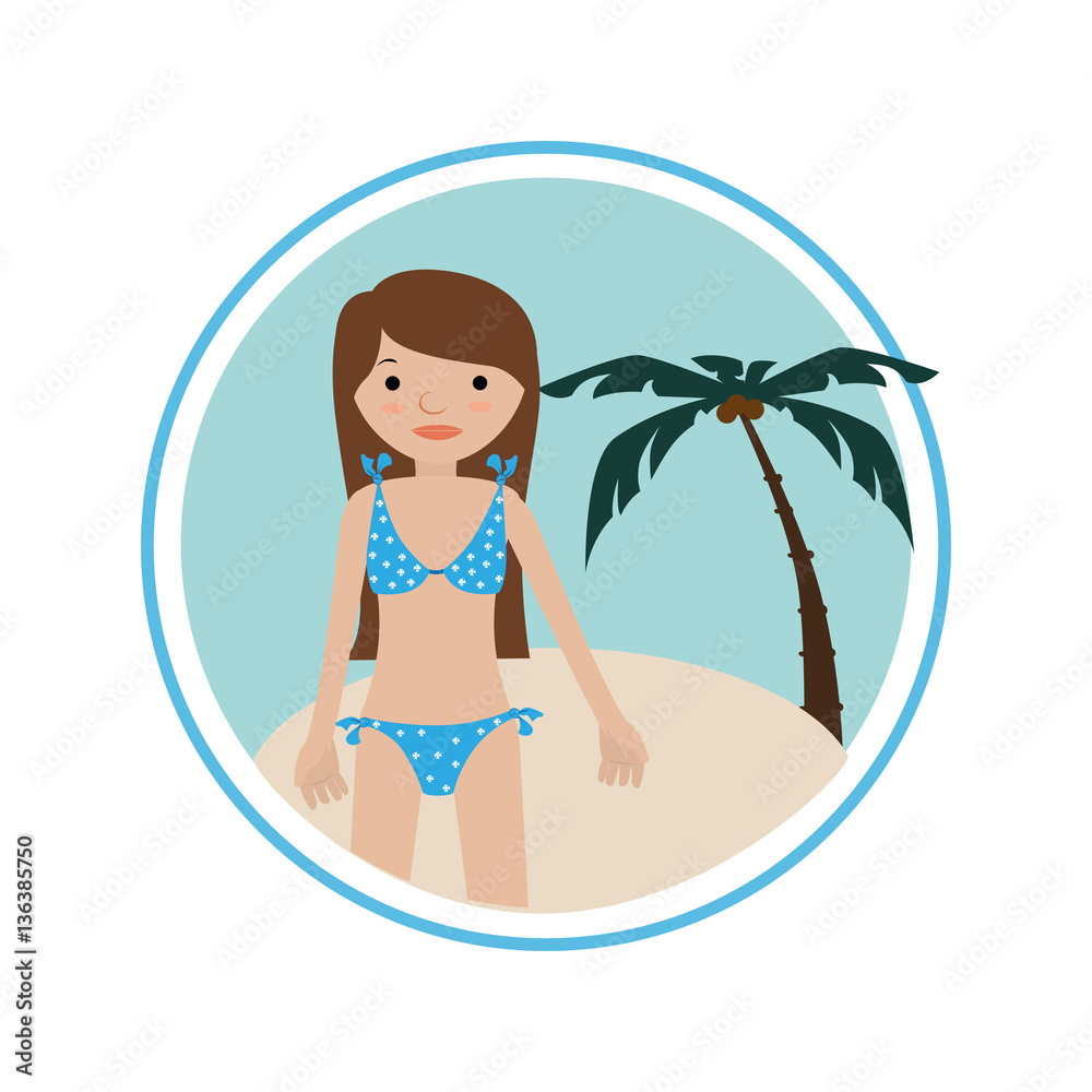 circular shape background beach with woman in bikini vector illustration