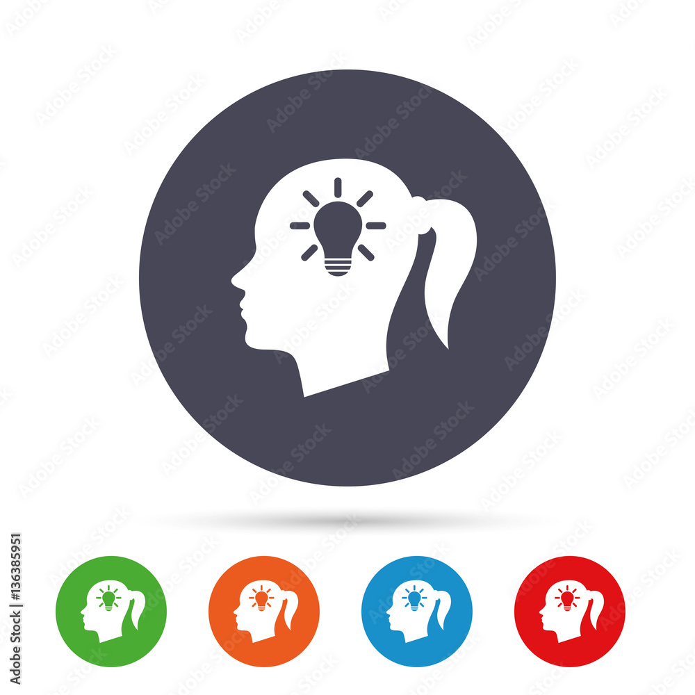 Head with lamp bulb sign icon. Female woman head. Head with lamp bulb sign icon. Female woman head.