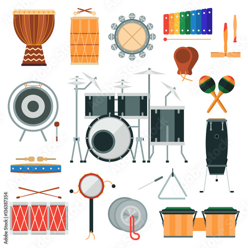 Foto Vector percussion musical instruments in flat style.