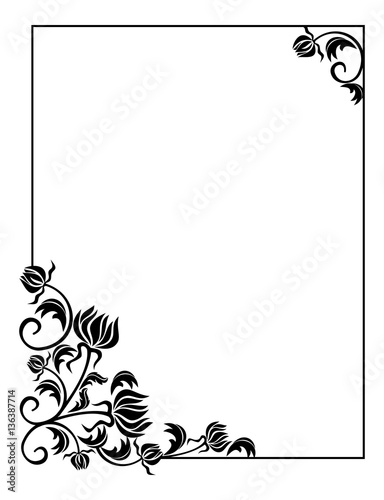 Black and white frame with flowers silhouettes. Raster clip art.