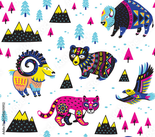 Seamless pattern with mountain animals