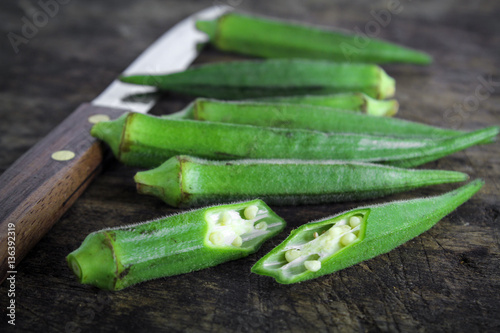 fresh whole and slice organic green okra, healthy vegetable