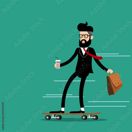 businessman riding skateboard and holding a glass of iced coffee., vector