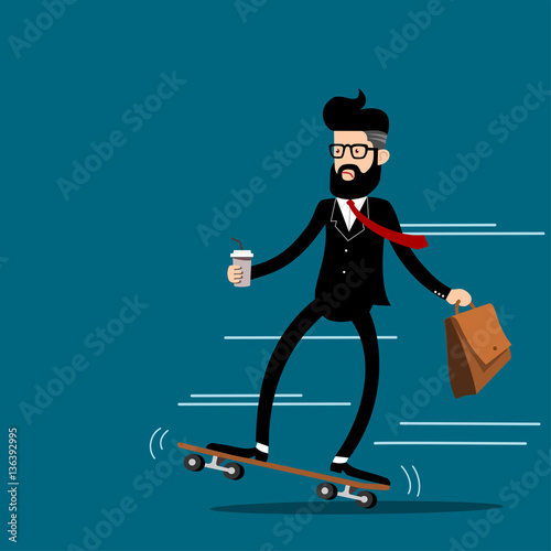 businessman riding skateboard and holding a glass of iced coffee., vector