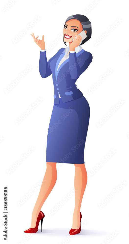 Vector beautiful smiling business woman in suit talking on phone. Vector beautiful smiling business woman in suit talking on phone.