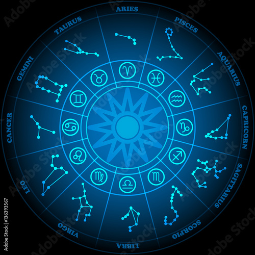 Astronomy of Zodiac Circle with zodiac signs icon vector on black background