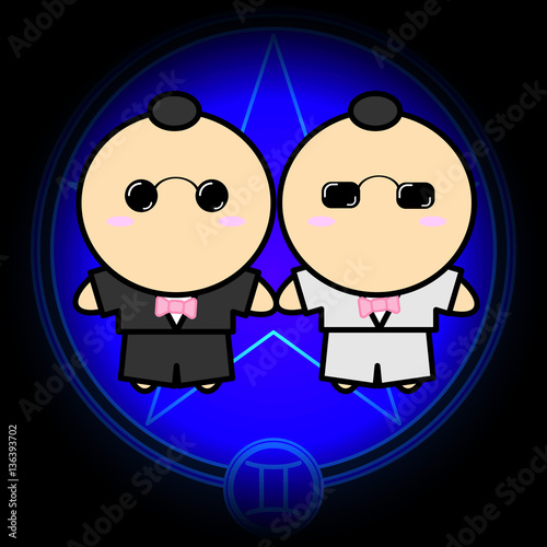 Cartoon sign zodiac of Gemini vector icon on dark blue star background