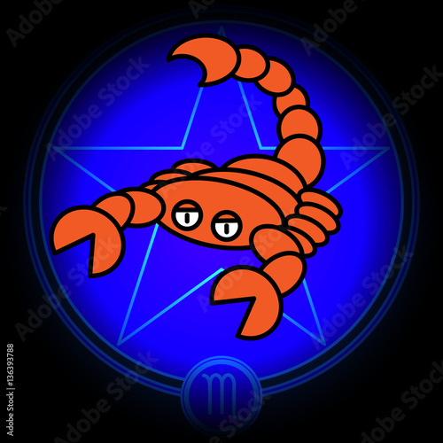 Cartoon sign zodiac of Scorpio vector icon on dark blue star background