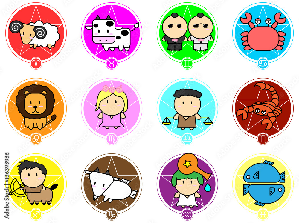 Obraz premium Colorful Cartoon sign of twelve Zodiac star icon vector isolated