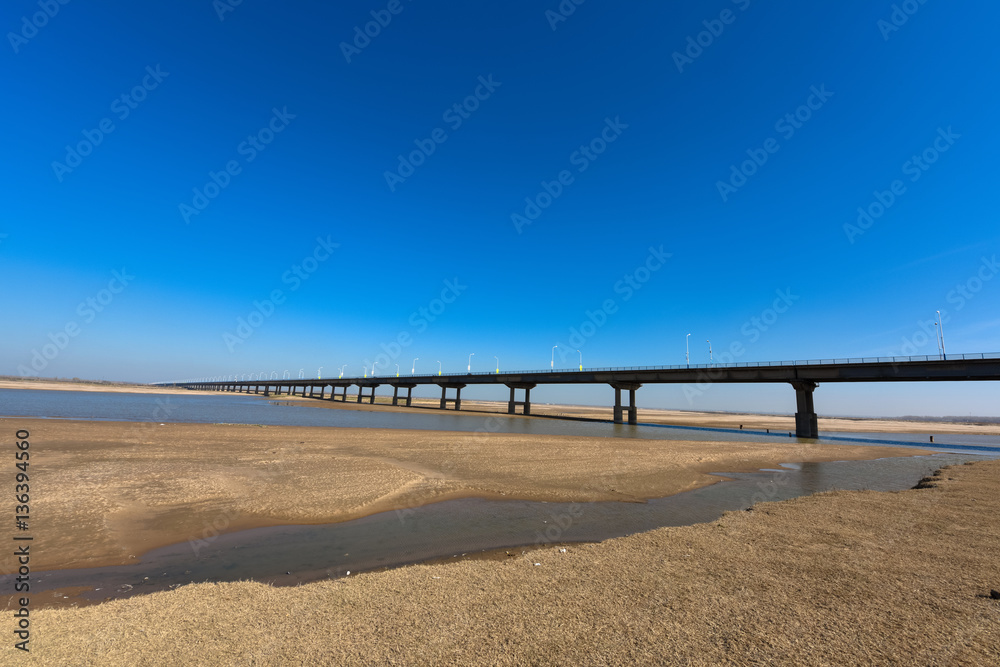 The Yellow river bridge with blue sky in Zhengzhou, Henan province, middle of China.It is a part of the old 107 national road.