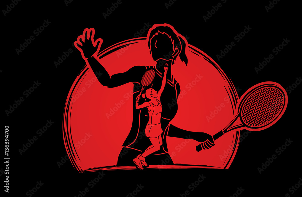 Double exposure, Tennis player sports woman designed on sunrise background graphic vector.