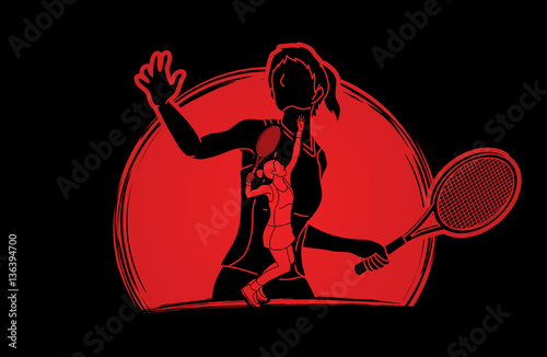 Double exposure, Tennis player sports woman designed on sunrise background graphic vector.