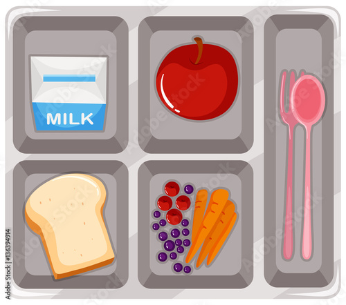 Canteen food with fruit and milk