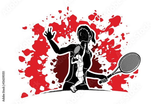Double exposure, Tennis player sports woman designed on splatter blood background graphic vector.