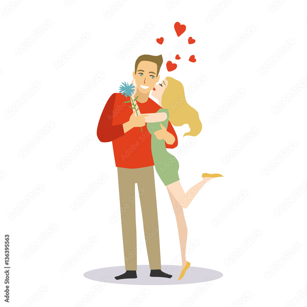 Girl kissing a man. Lovers couple cartoon vector illustration Girl kissing a man. Lovers couple cartoon vector illustration