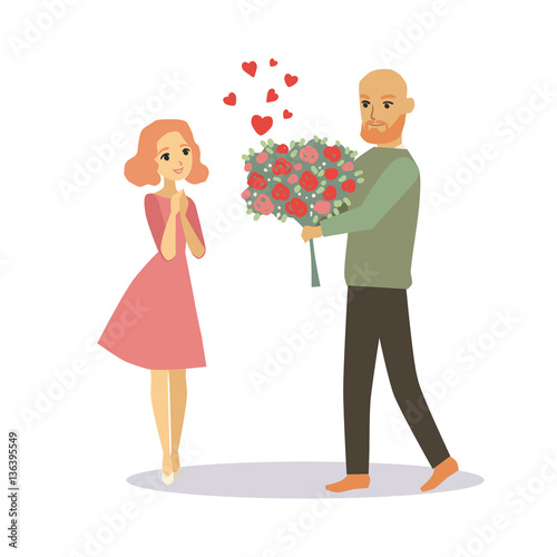 Man giving a girl a bouquet of flowers. Lovers couple cartoon vector illustration
