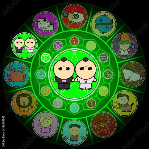 Gemini Zodiac in Center Circle of horoscope signs Cartoon icon vector on black background