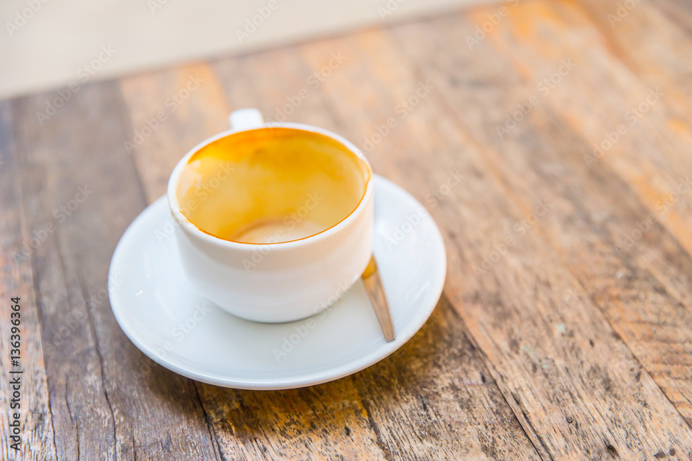 empty coffee cup on wooden table.