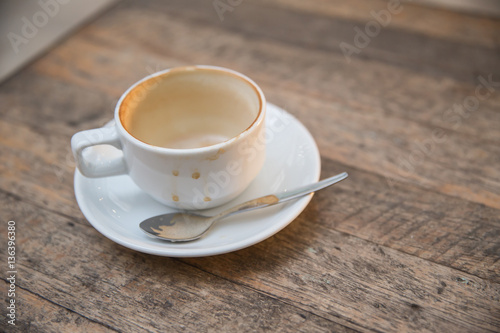empty coffee cup on wooden table.