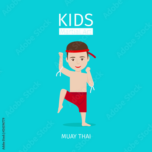 Kids martial art vector illustration. Muay Thai boy on blue background