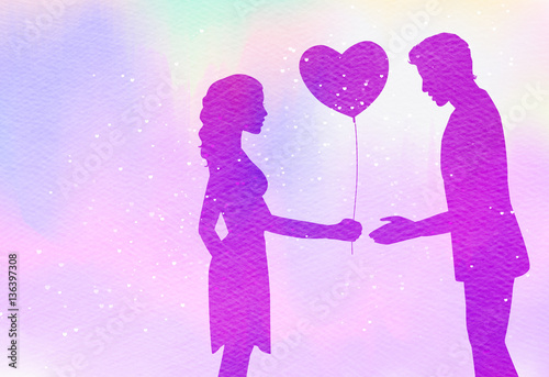 Young couple in love silhouette on watercolor background. Romantic scene. Digital art painting.