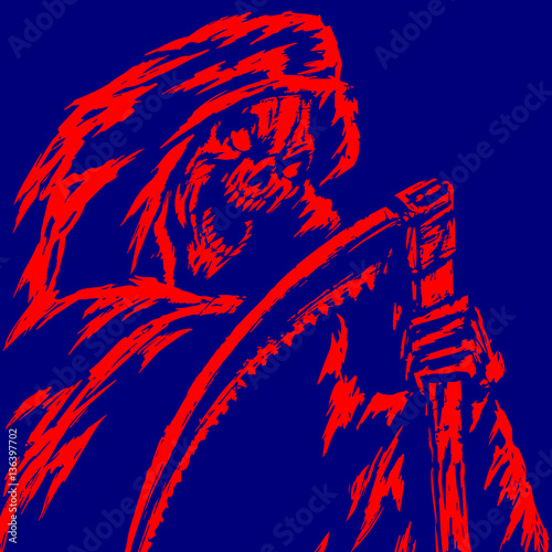 Red Death with a Scythe. Blue Background. Web Icon. Isolated Flat Vector Illustration. Spooky Apocalypse Demon. Spirit Rock Skull. Ghost Skeleton. Nightmare Terrible Mouth. Massacre Phantom monster.