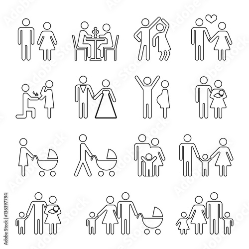 Family vector thin line icons set in black and white
