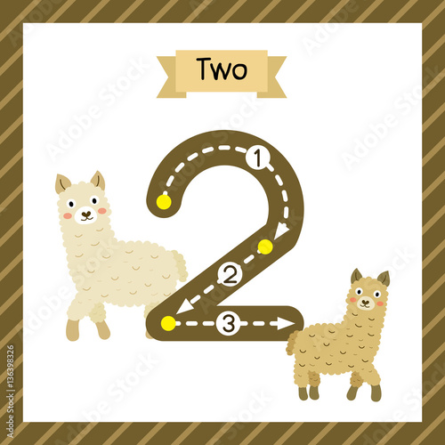 Cute children Flashcard number two tracing with 2 Alpacas for kids learning to count and to write.