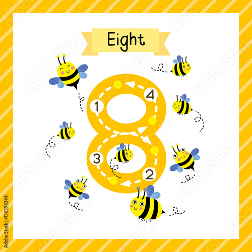Cute children Flashcard number eight tracing with 8 Bees for kids learning to count and to write.