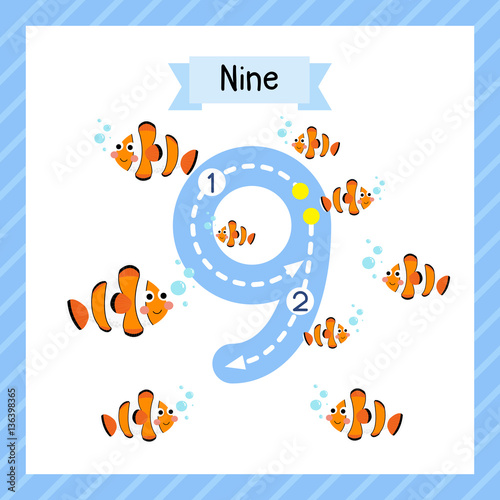 Cute children Flashcard number nine tracing with 9 Clownfish for kids learning to count and to write.