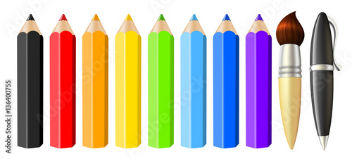 Set of realistic colored pencils brush pen