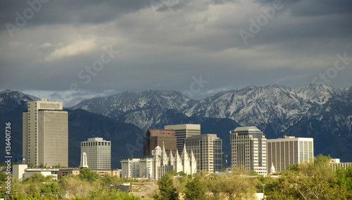 Salt Lake City Utah Skyline with Dark Clouds