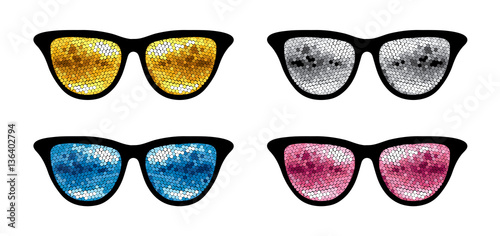 Set of glasses for a party / Vector illustration, print,  with sunglasses with reflection of disco balls .