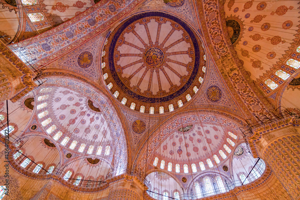 Lights inside Blue mosque, Istanbul, Turkey.