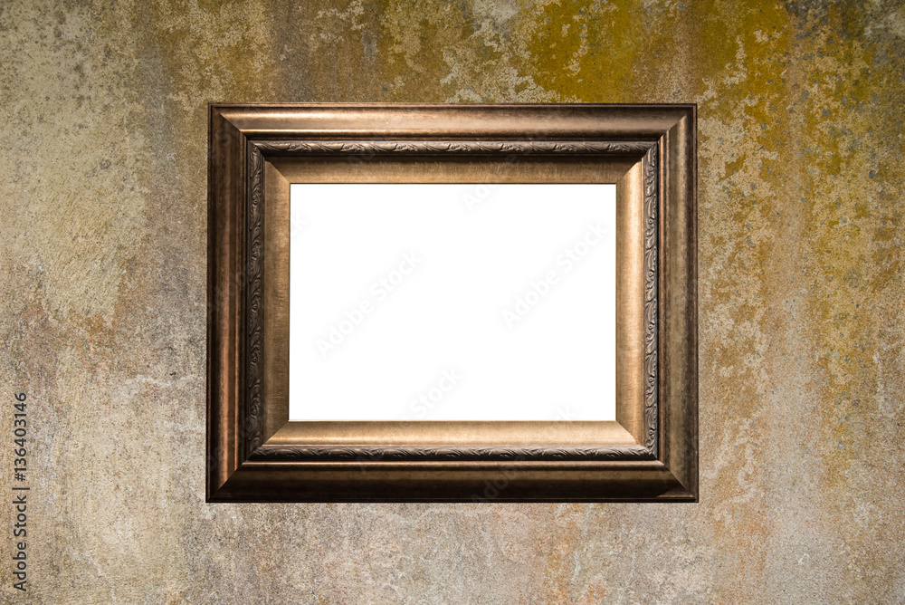 Blank golden frame on dirty cement wall Blank golden frame on dirty cement wall