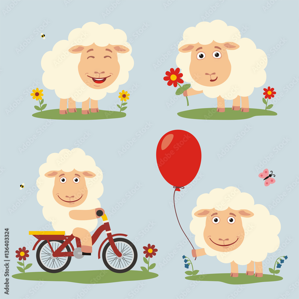 Obraz premium Vector set funny sheep plays on meadow. Collection isolated sheep on bicycle, with balloon and flower in cartoon style.