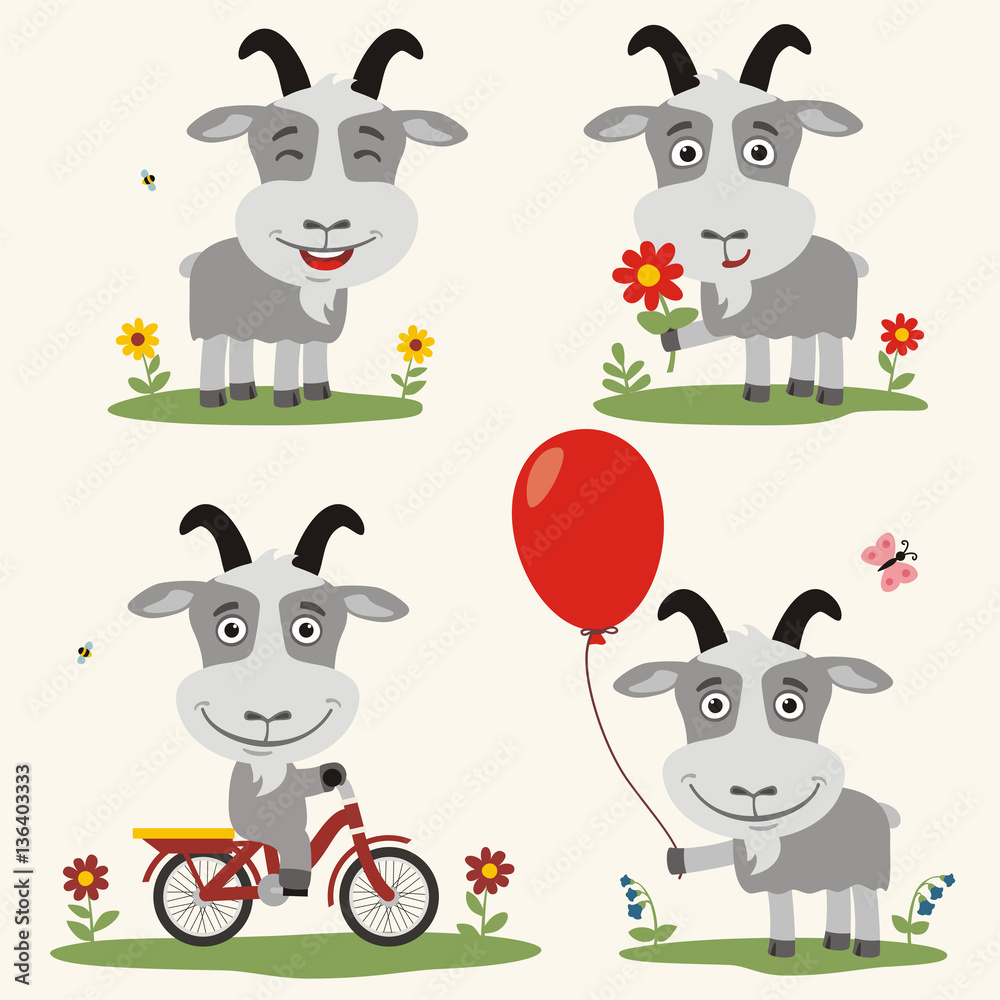 Obraz premium Vector set funny goat plays on meadow. Collection isolated goat on bicycle, with balloon and flower in cartoon style.