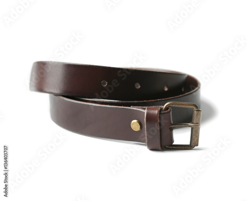 Stylish leather belt on white background