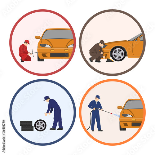 Car repair and maintenance . Vehicle workshop. Auto services images on white background
