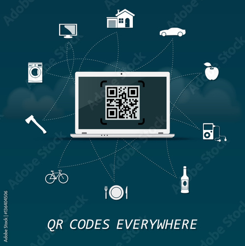 QR Codes everywhere - quick response codes business infographic template with laptop in the center
