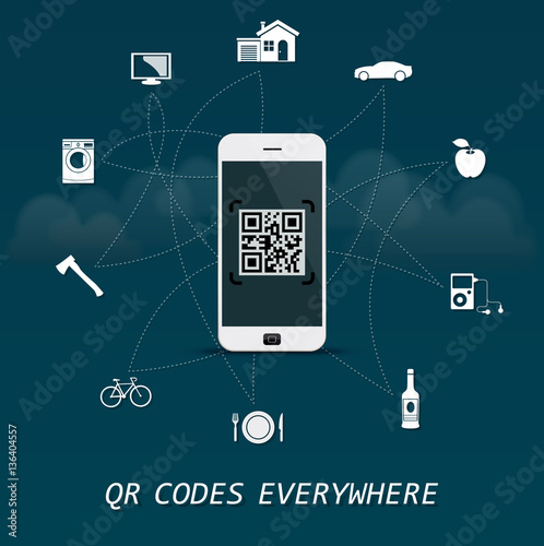 QR Codes everywhere - quick response codes business infographic template with mobile phone in the center