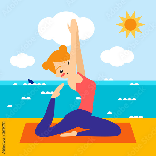 Vector illustration. Woman practicing yoga. In asana Vrikshasana. © vextok