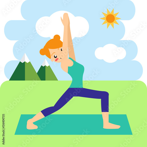 Vector illustration. Woman practicing yoga. In asana Vrikshasana.