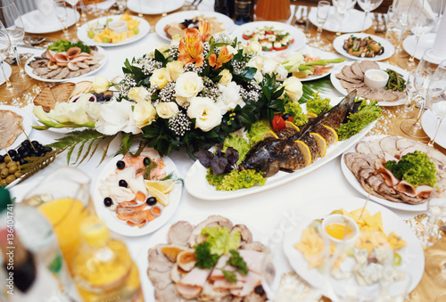 Assortie of the wedding meals and beautiful bouquet