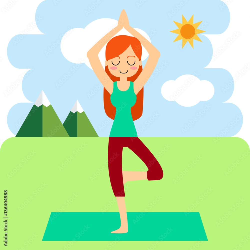 Vector illustration. Woman practicing yoga. In asana Vrikshasana. Vector illustration. Woman practicing yoga. In asana Vrikshasana.