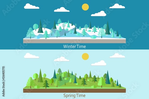 Set of landscapes. Winter Forest. Spring forest. Forest in flat style. Wildlife. Eco lifestyle. Forest view. Vector illustration