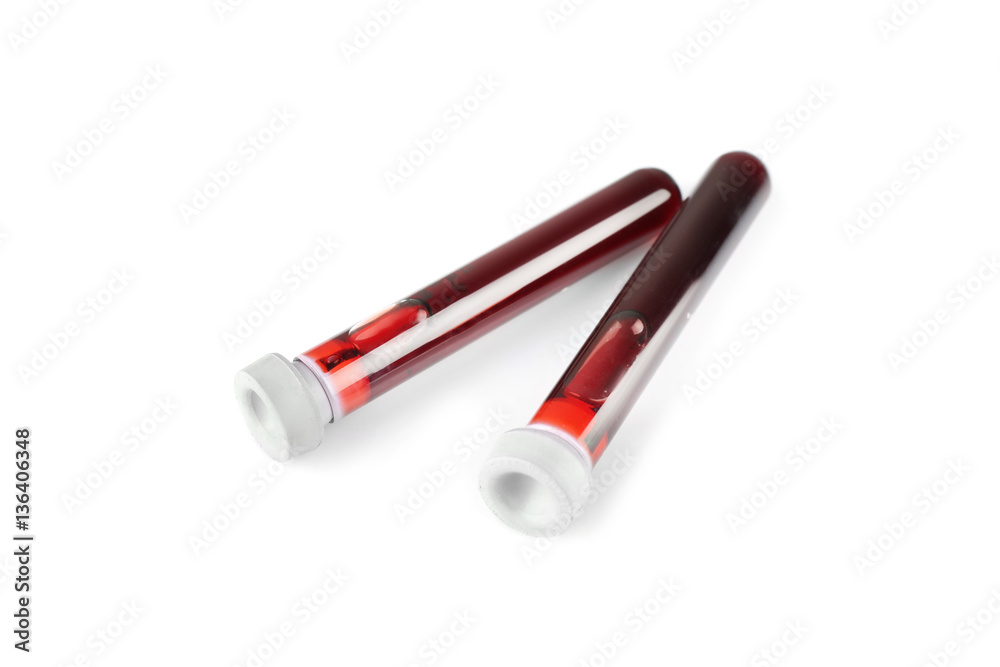 Test tubes with blood samples isolated on white Test tubes with blood samples isolated on white