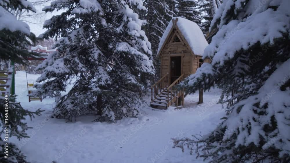 Fairy hut on chicken legs in winter forest stock footage video Fairy hut on chicken legs in winter forest stock footage video